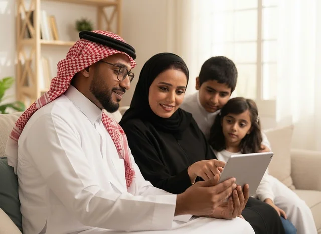 عائلة سعودية تستخدم جهازاً لوحياً في غرفة المعيشة