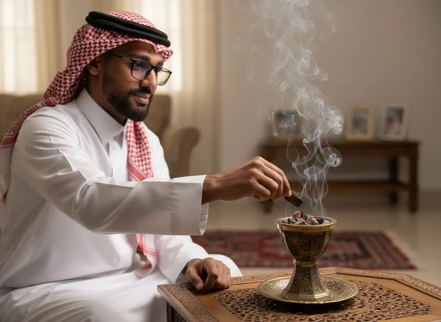 رجل سعودي يضع عود البخور في مبخرة تقليدية