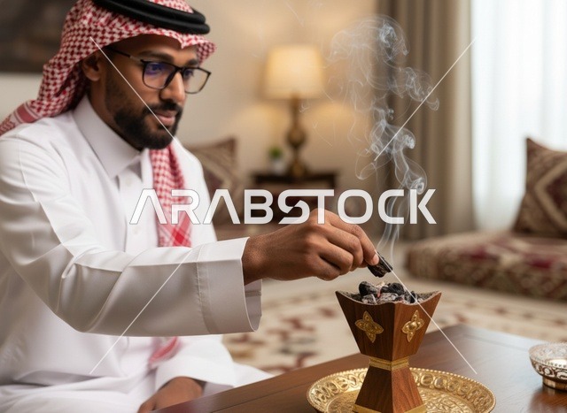 رجل سعودي يضع البخور في مبخرة تقليدية