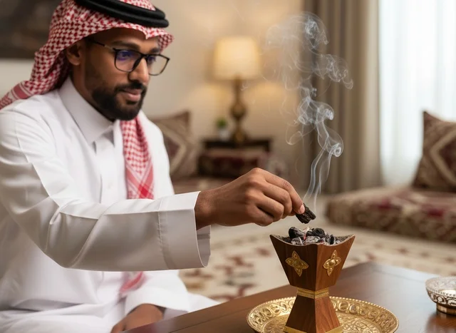 Saudi Man Burning Incense in Traditional Home