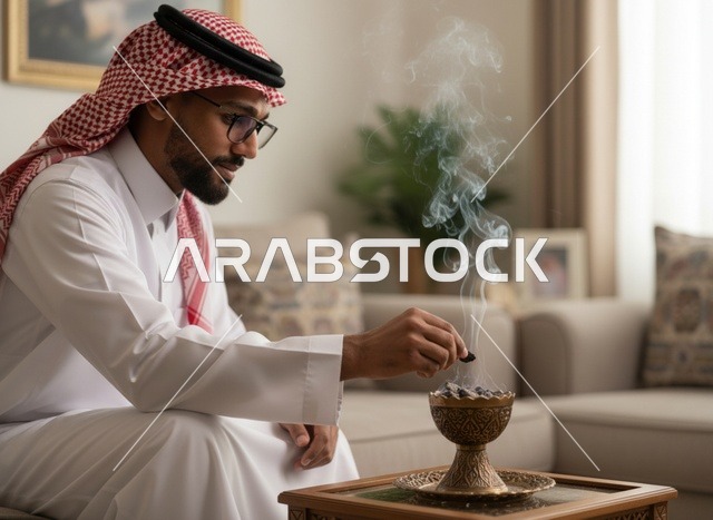 رجل سعودي يستخدم المبخرة التقليدية في المنزل