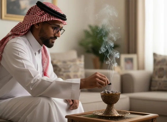 رجل سعودي يستخدم المبخرة التقليدية في المنزل