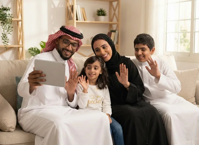 عائلة سعودية بالزي التقليدي تستخدم جهاز لوحي في المنزل