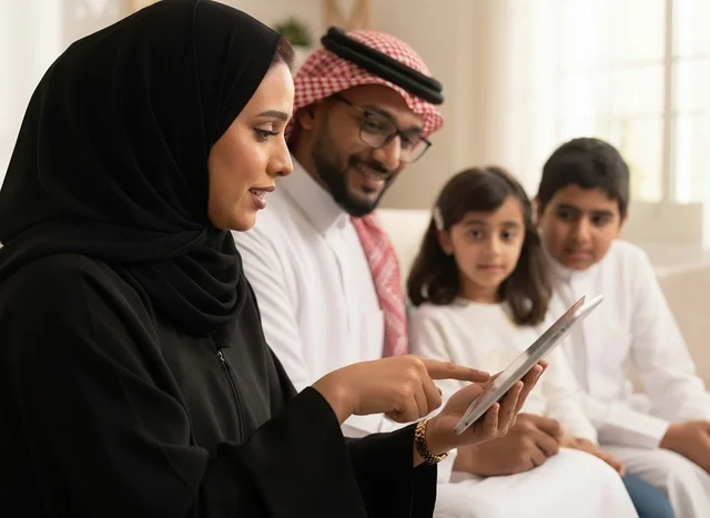 عائلة سعودية في المنزل تستخدم جهازاً لوحياً