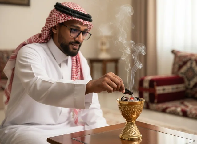 A Saudi man in traditional attire is placing incense in the incense burner.