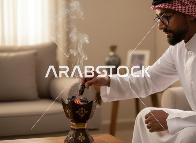 رجل سعودي يضع البخور في المبخرة التقليدية