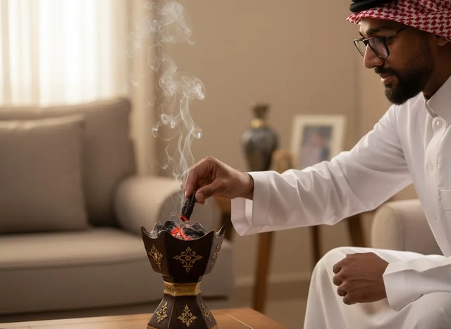 رجل سعودي يضع البخور في المبخرة التقليدية