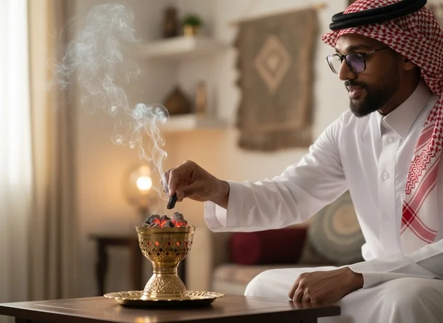 رجل سعودي يضع البخور في مبخرة ذهبية
