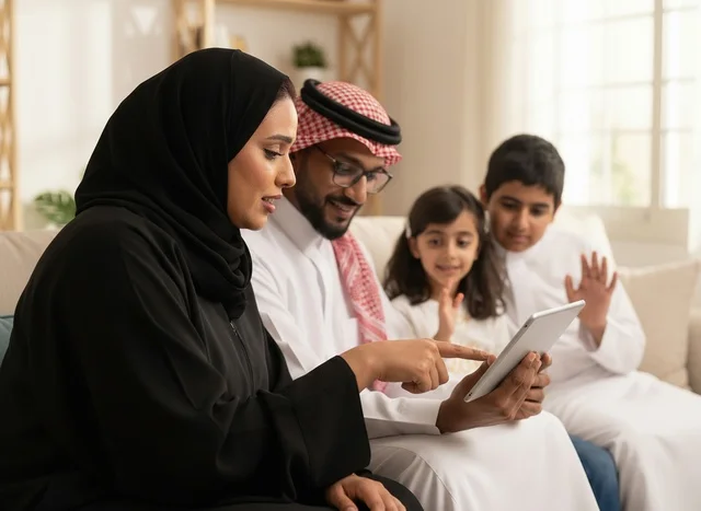 Saudi Family Using Digital Tablet in Living Room