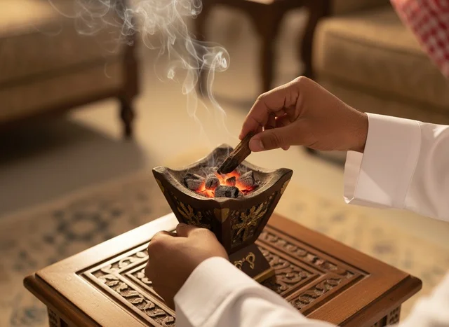 Saudi Man Placing Agarwood on Burning Incense Charcoal