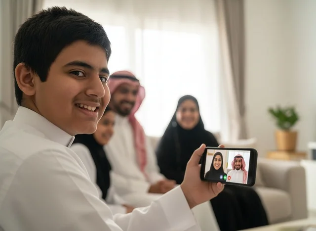 صبي سعودي يستخدم الهاتف لمكالمة فيديو عائلية