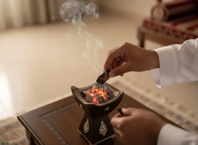 رجل سعودي يضع العود في مبخرة تقليدية