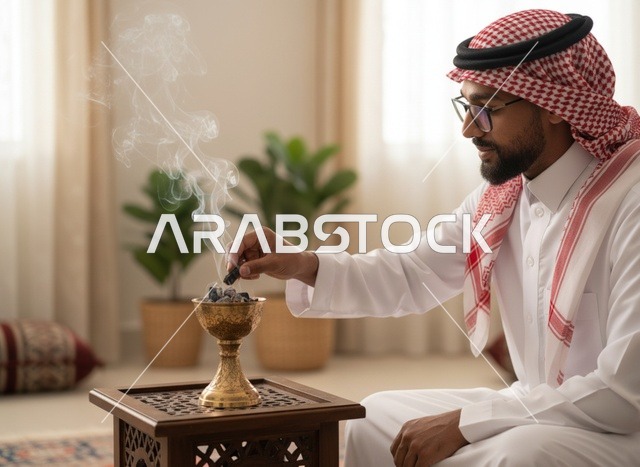 رجل سعودي يضع البخور في مبخرة تقليدية ذهبية