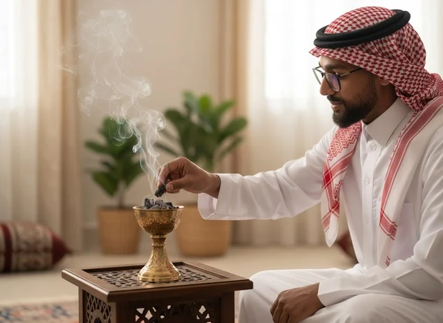 Saudi Man Burning Incense in Traditional Mabkhara