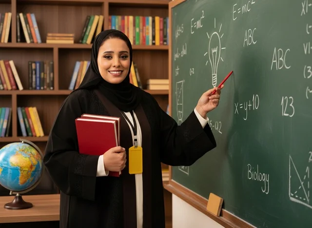 معلمة سعودية بالعباءة التقليدية داخل الفصل الدراسي