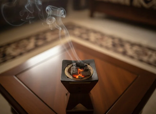 Traditional Arabic Incense Burner with Burning Charcoal