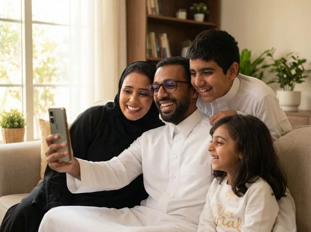 Saudi Family Taking Selfie with Smartphone at Home