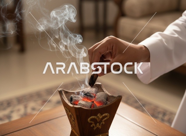 رجل سعودي يشعل البخور في المبخرة التقليدية