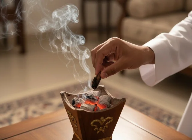 رجل سعودي يشعل البخور في المبخرة التقليدية