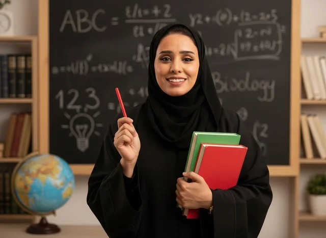 معلمة سعودية بالعباءة تحمل كتباً في الفصل الدراسي
