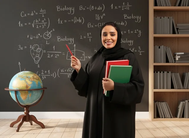 معلمة سعودية في الفصل الدراسي مع الكتب