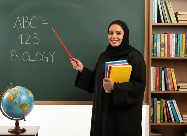 Saudi Female Teacher in Classroom with Books and Globe
