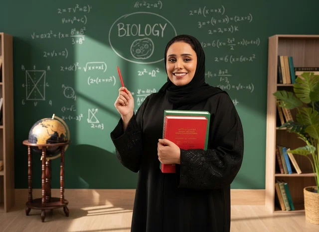 معلمة أحياء سعودية في الفصل الدراسي مع كتب