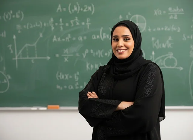 معلمة عربية سعودية بعباءة وحجاب أمام سبورة الرياضيات