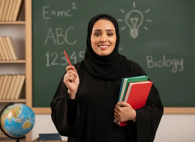 معلمة سعودية في الفصل الدراسي مع كتب
