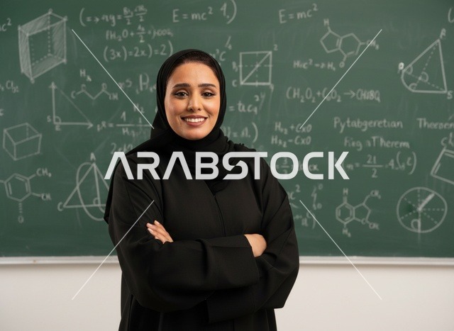 معلمة سعودية في الفصل الدراسي أمام السبورة