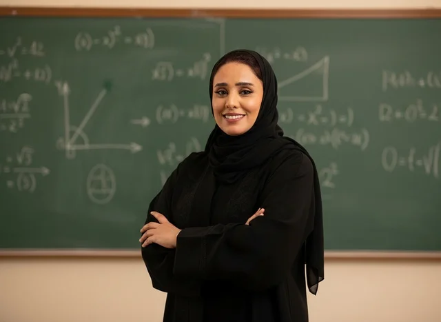 معلمة سعودية في الفصل الدراسي أمام السبورة