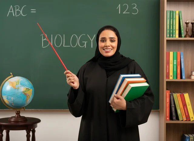 Saudi Female Teacher in Classroom with Books