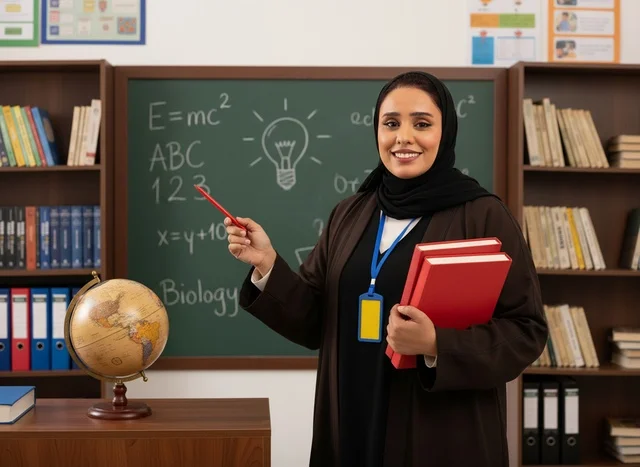 Saudi Female Teacher in Abaya Holding Books in Classroom