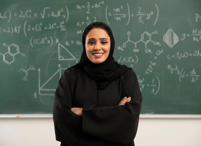معلمة سعودية بالعباءة أمام سبورة الفصل الدراسي