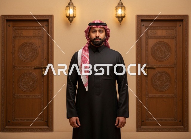 رجل سعودي بالثوب الأسود أمام أبواب خشبية تراثية