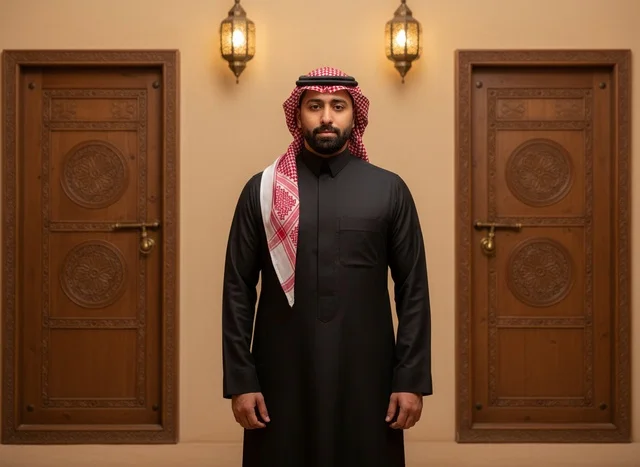 رجل سعودي بالثوب الأسود أمام أبواب خشبية تراثية
