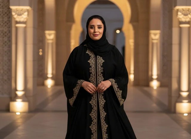 Emirati Woman in Traditional Black Abaya at Palace