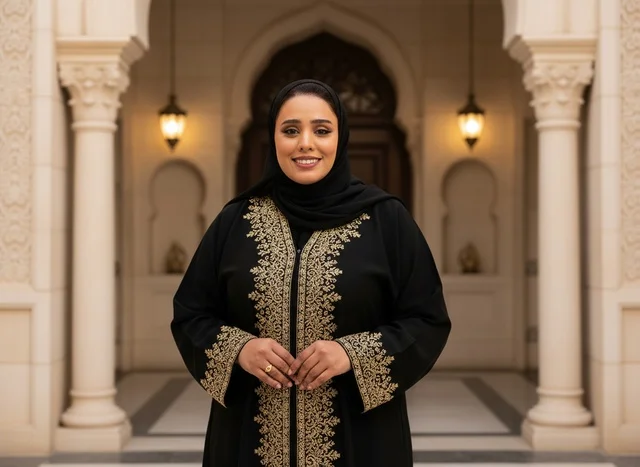 امرأة إماراتية بعباءة سوداء مطرزة بالذهب في فناء تراثي