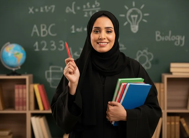 معلمة سعودية بالعباءة تحمل كتباً في الفصل الدراسي