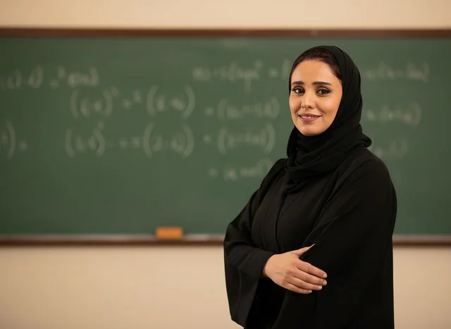 Saudi Female Teacher in Abaya Standing by Chalkboard