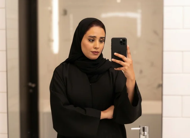 امرأة سعودية بالعباءة السوداء تلتقط صورة سيلفي أمام المرآة