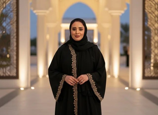 امرأة سعودية بعباية تقليدية في ممر معماري ليلاً