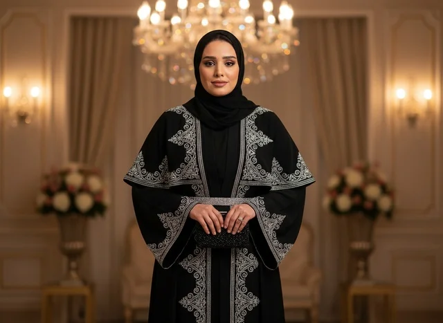 Saudi Woman in Embroidered Black Abaya in Ballroom