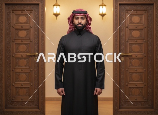 رجل سعودي بالثوب الأسود يقف بين أبواب خشبية تراثية