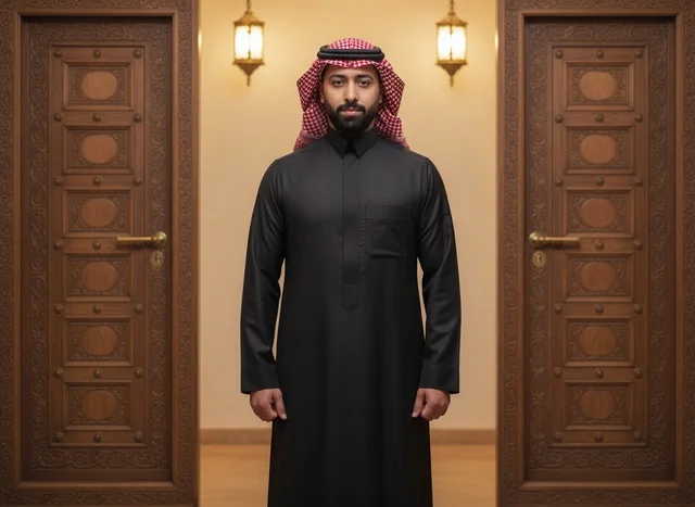 رجل سعودي بالثوب الأسود يقف بين أبواب خشبية تراثية