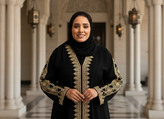 Smiling Emirati Woman in Black Gold Abaya Indoor