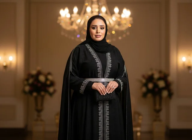 امرأة إماراتية ترتدي بشت وعباية سوداء مطرزة
