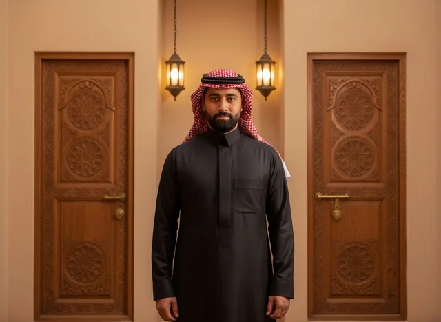 رجل سعودي بالزي التقليدي أمام أبواب خشبية تراثية