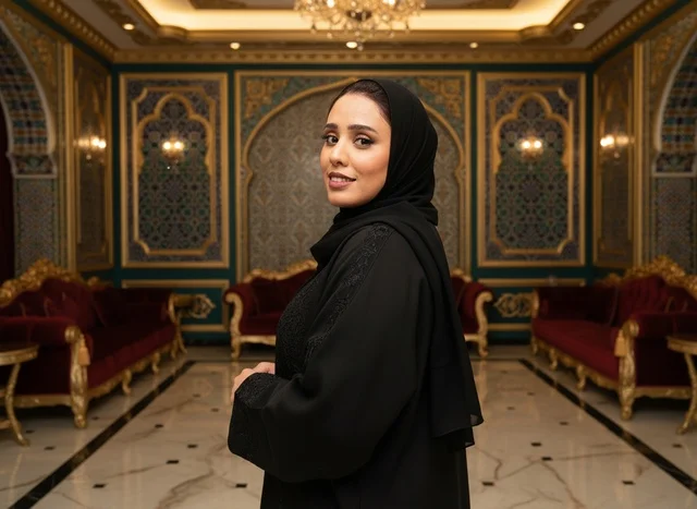 امرأة إماراتية بالعباءة السوداء داخل قاعة فاخرة