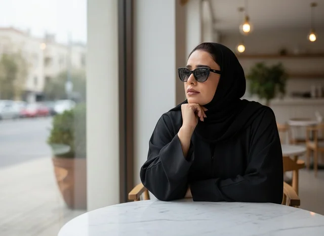 امرأة إماراتية بالعباءة السوداء تجلس في مقهى حديث